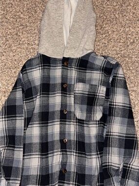 Kids Grey Plaid Hooded Button-Up Shirt